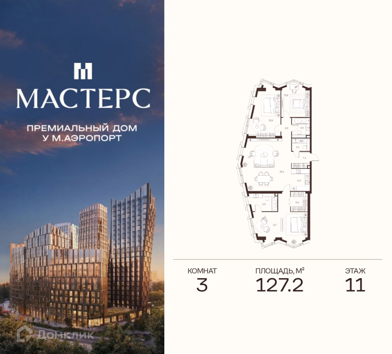 3-комнатная квартира 127.2 м² Премиальный дом МАСТЕРС