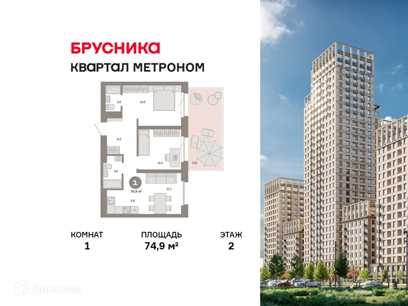 1-комнатная квартира 74.9 м² Квартал Метроном