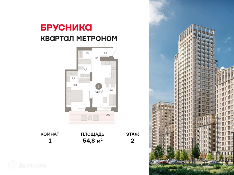 1-комнатная квартира 54.8 м² Квартал Метроном