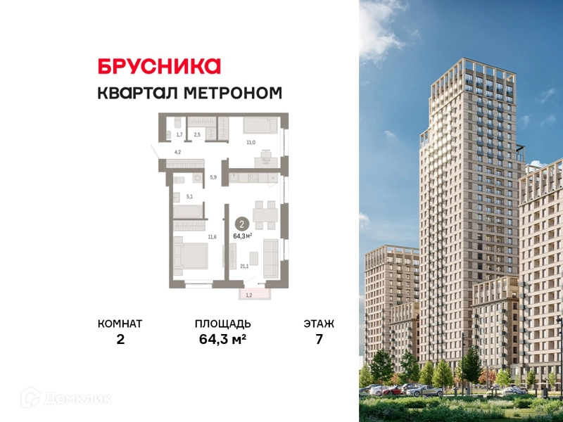 2-комнатная квартира 64.3 м² Квартал Метроном