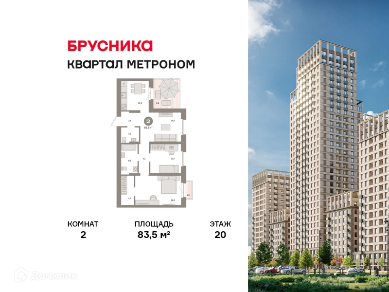 2-комнатная квартира 83.5 м² Квартал Метроном