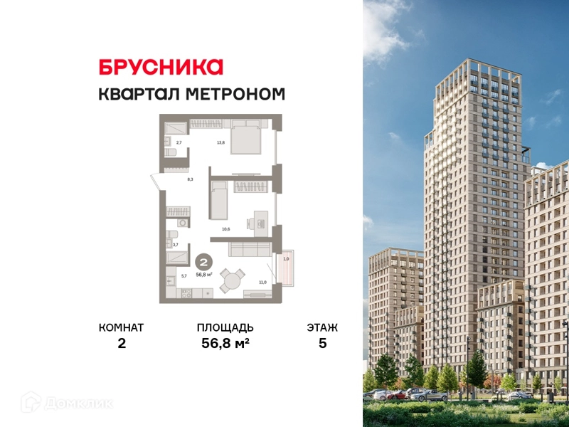 2-комнатная квартира 56.8 м² Квартал Метроном