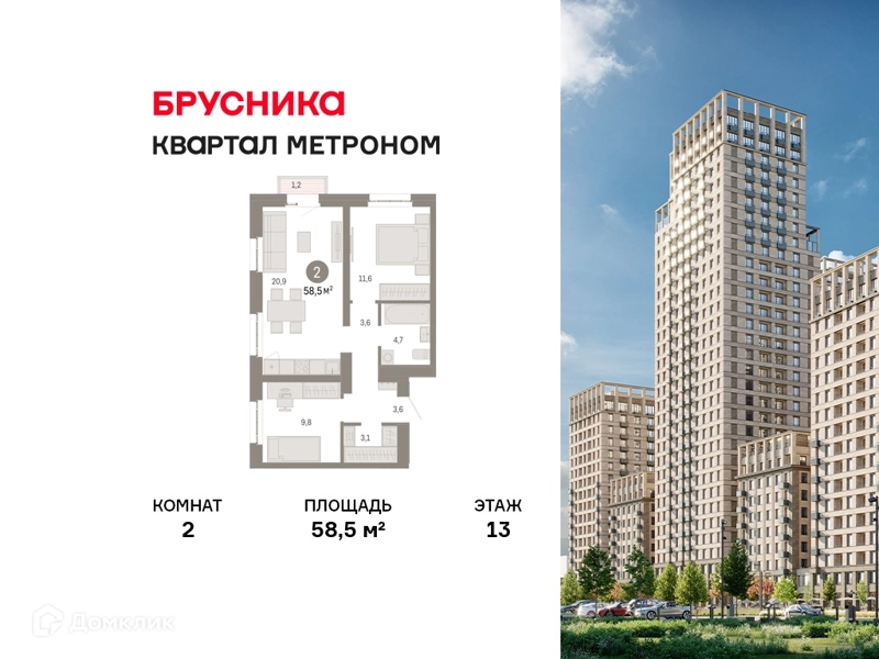 2-комнатная квартира 58.5 м² Квартал Метроном