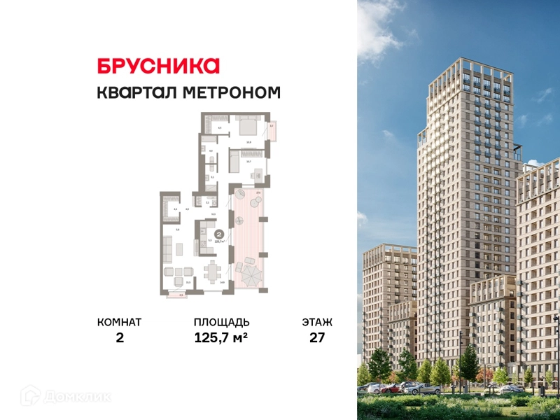 2-комнатная квартира 125.7 м² Квартал Метроном