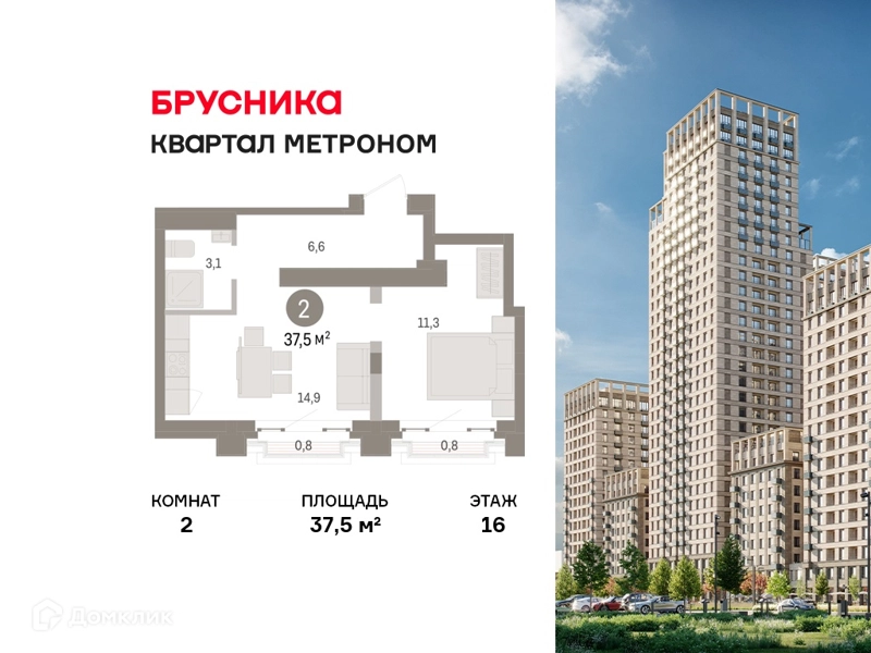 2-комнатная квартира 37.5 м² Квартал Метроном