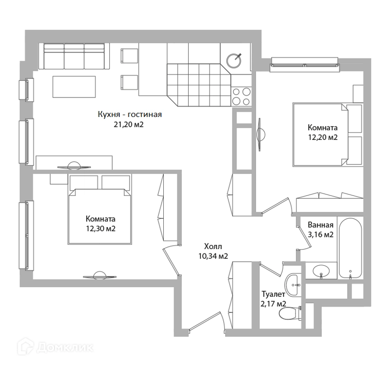 3-комнатные апартаменты 61.4 м² Адрес