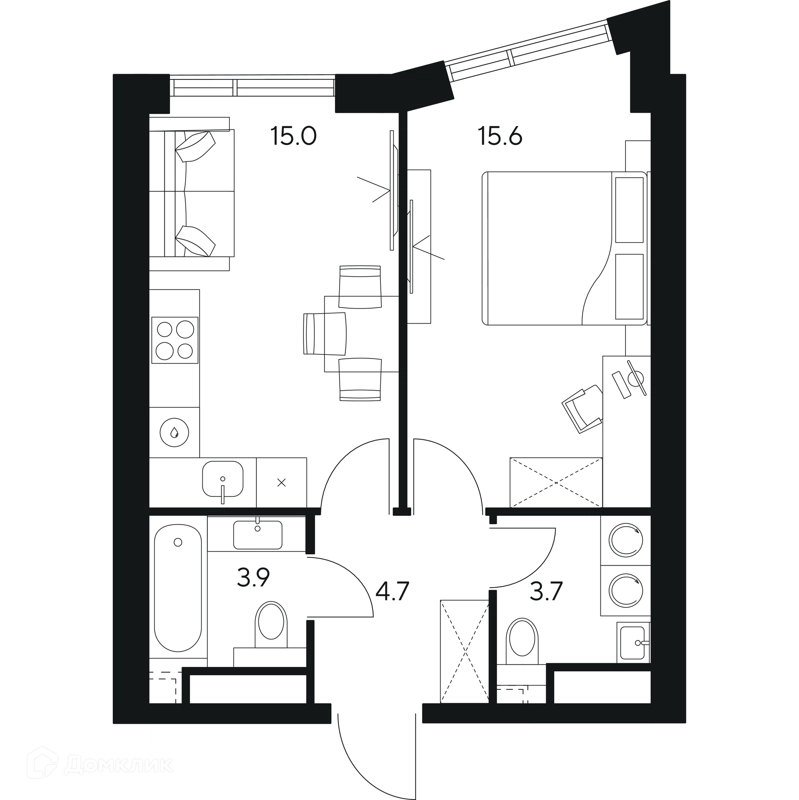 1-комнатная квартира 42.9 м² НЕКСУС от Аквилон