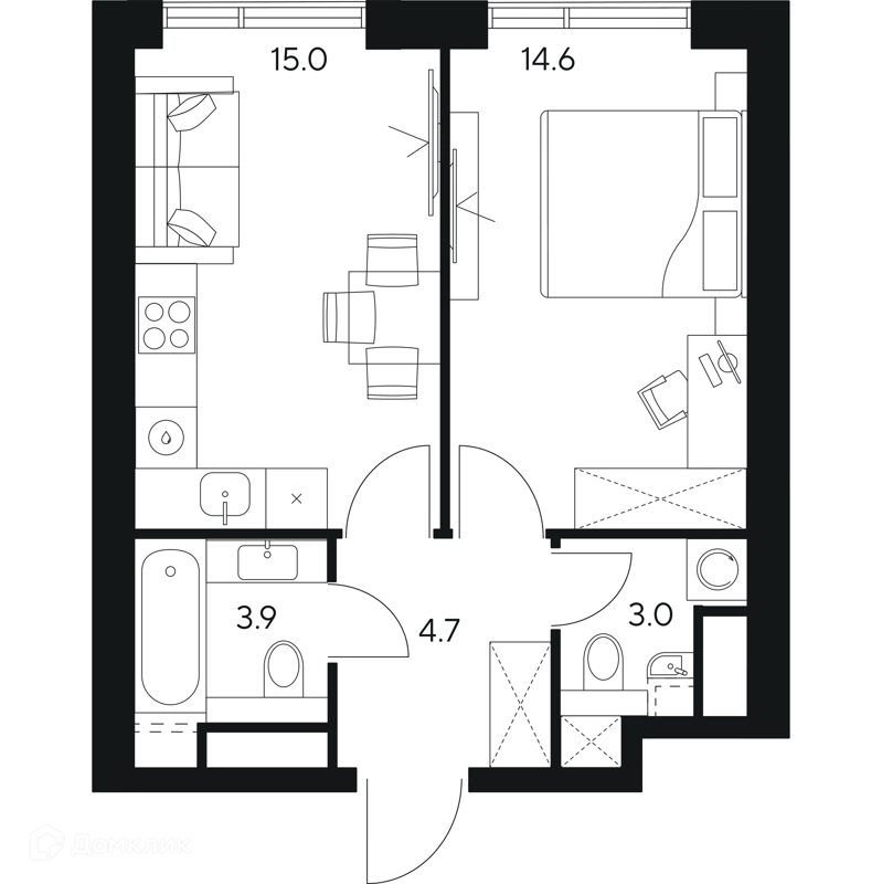 1-комнатная квартира 41.2 м² НЕКСУС от Аквилон