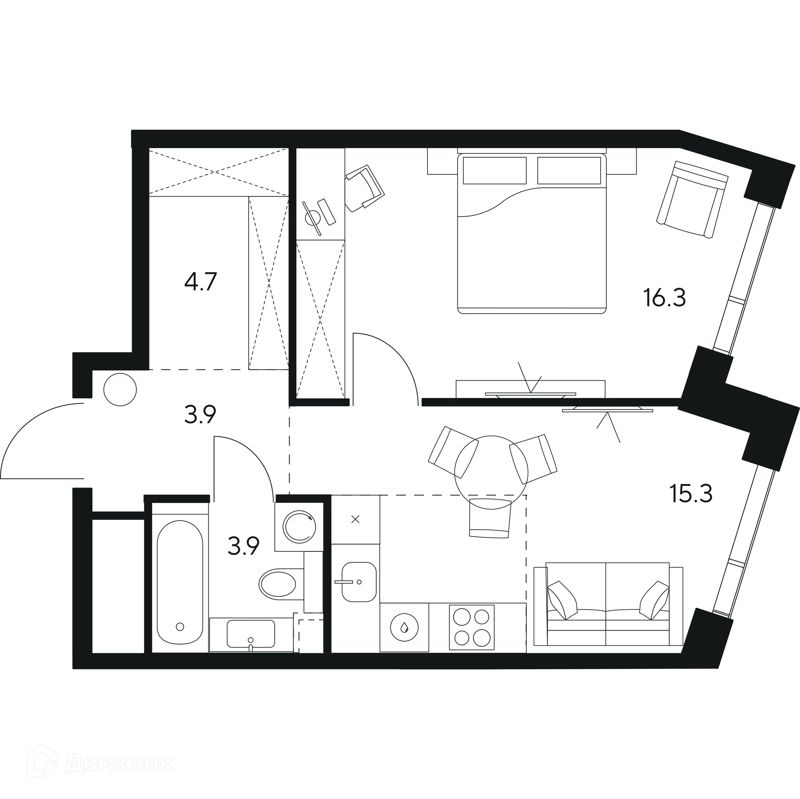 1-комнатная квартира 44.1 м² НЕКСУС от Аквилон