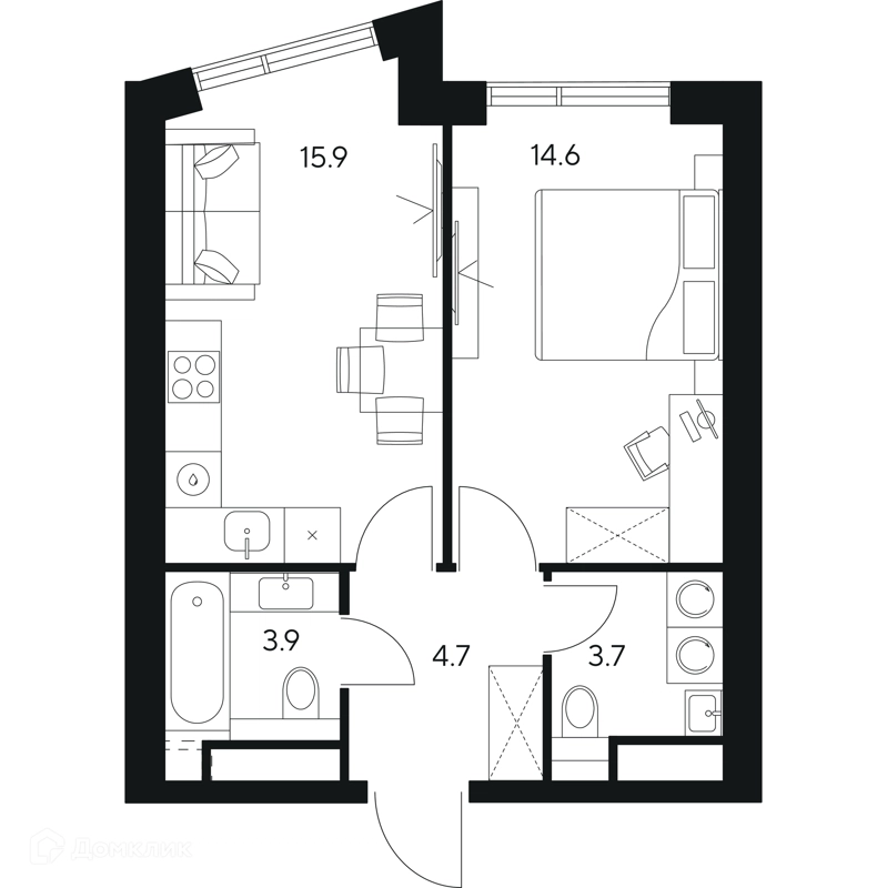 1-комнатная квартира 42.8 м² НЕКСУС от Аквилон