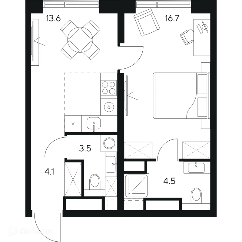 1-комнатная квартира 42.4 м² НЕКСУС от Аквилон