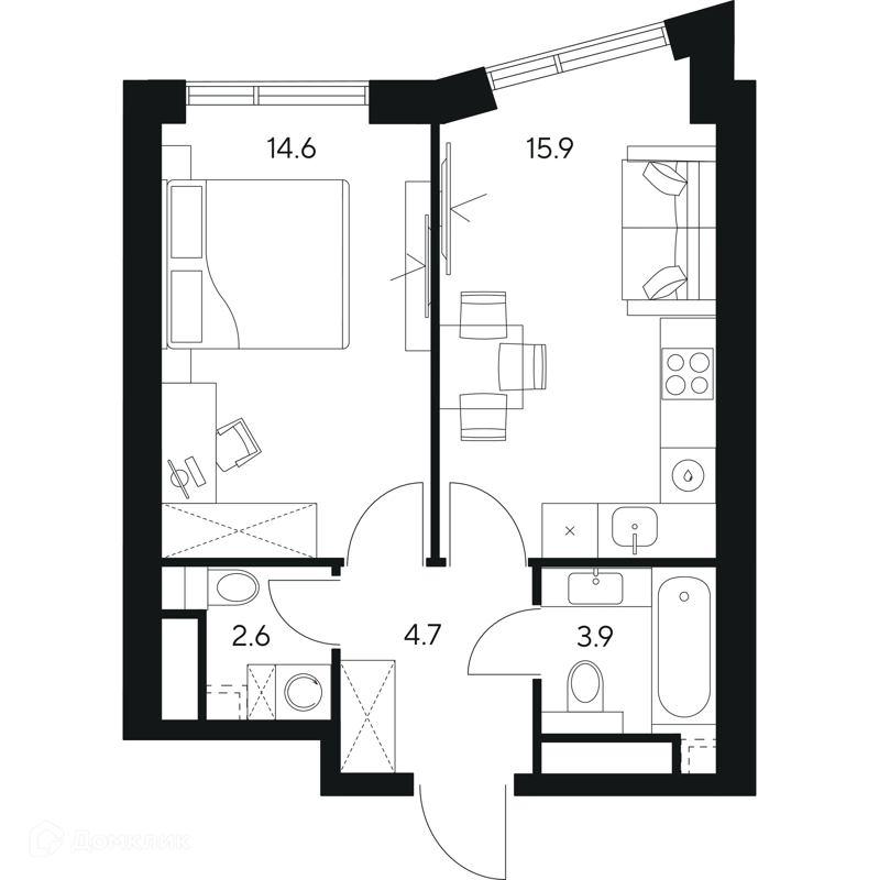 1-комнатная квартира 41.7 м² НЕКСУС от Аквилон