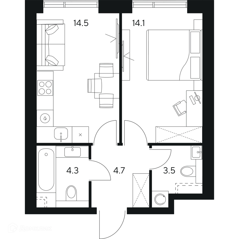 1-комнатная квартира 41.1 м² НЕКСУС от Аквилон
