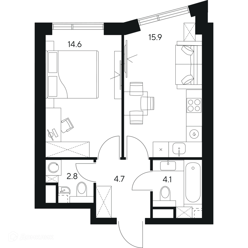 1-комнатная квартира 42.1 м² НЕКСУС от Аквилон