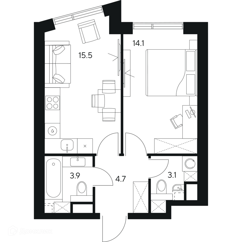 1-комнатная квартира 41.3 м² НЕКСУС от Аквилон