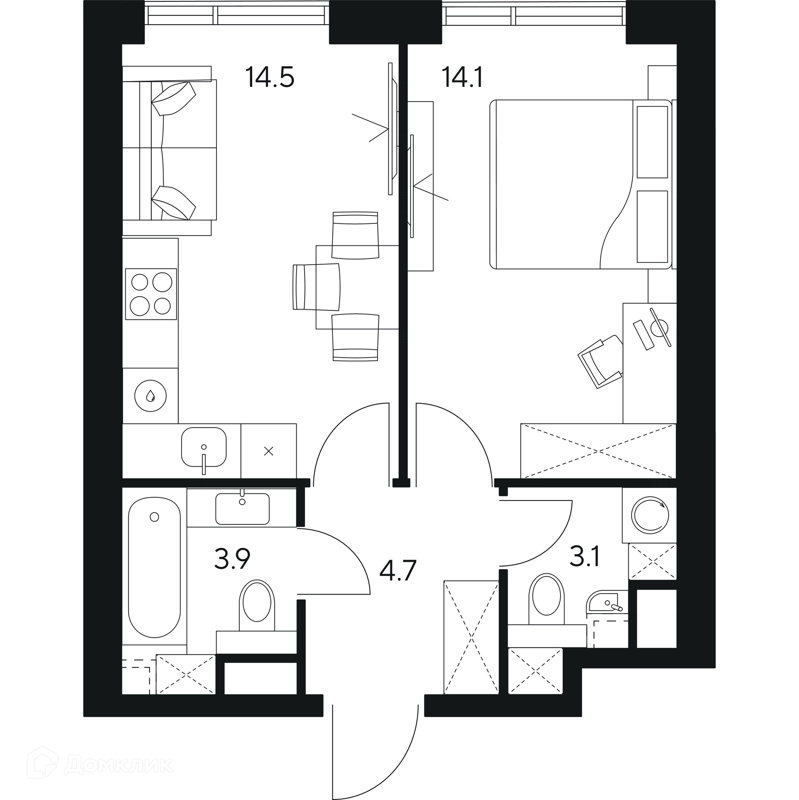 1-комнатная квартира 40.3 м² НЕКСУС от Аквилон