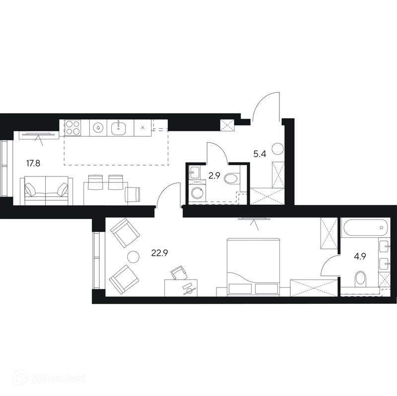 1-комнатная квартира 53.9 м² НЕКСУС от Аквилон
