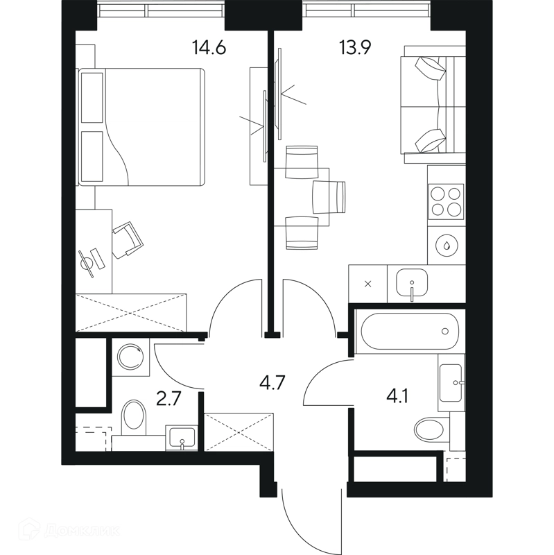 1-комнатная квартира 40 м² НЕКСУС от Аквилон