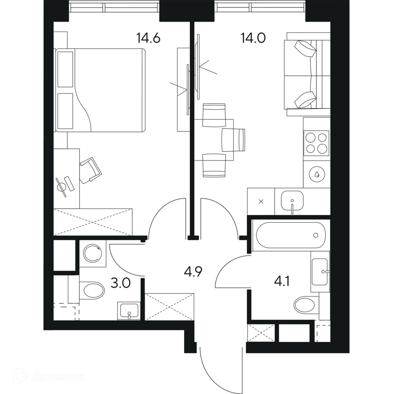 1-комнатная квартира 40.6 м² НЕКСУС от Аквилон