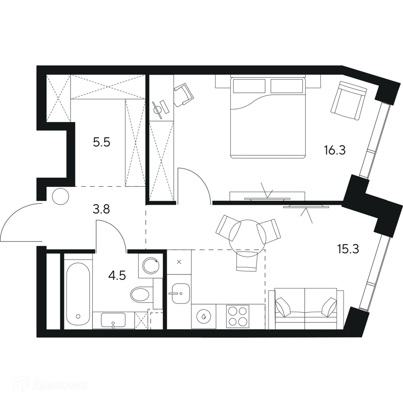 1-комнатная квартира 45.4 м² НЕКСУС от Аквилон