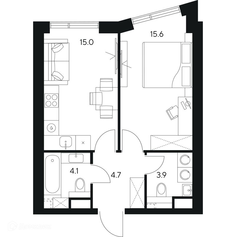 1-комнатная квартира 43.3 м² НЕКСУС от Аквилон