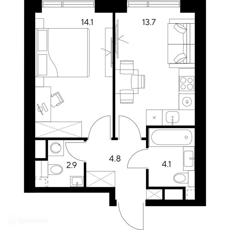 1-комнатная квартира 39.6 м² НЕКСУС от Аквилон