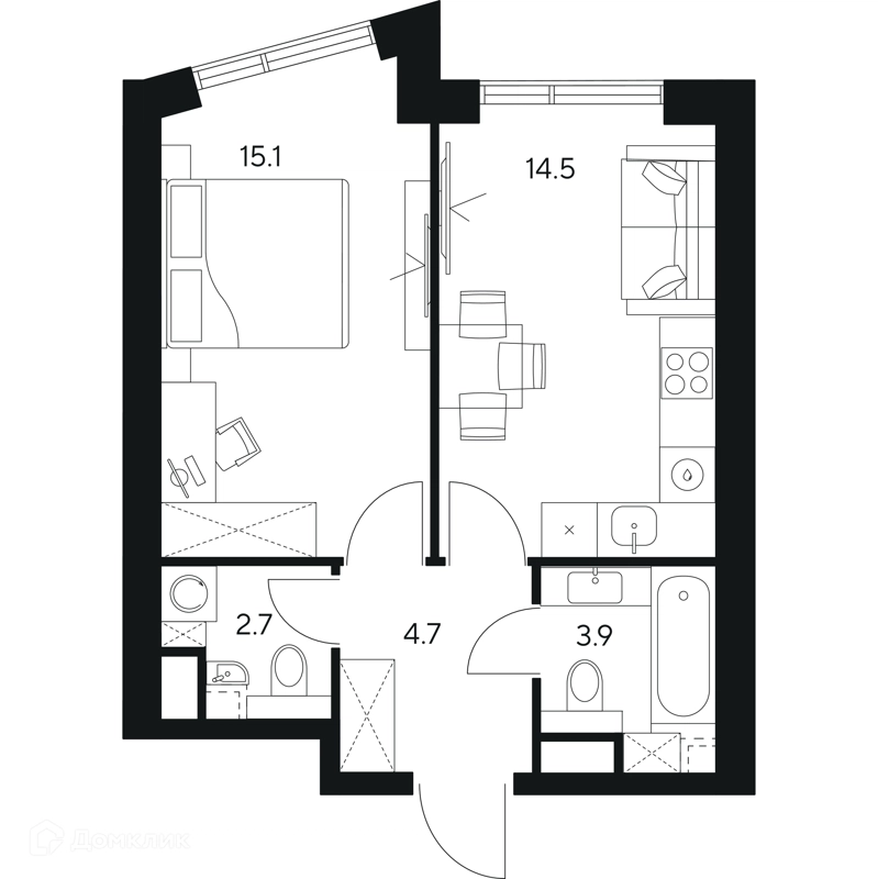 1-комнатная квартира 40.9 м² НЕКСУС от Аквилон