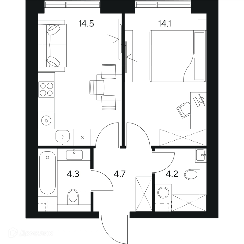 1-комнатная квартира 41.8 м² НЕКСУС от Аквилон