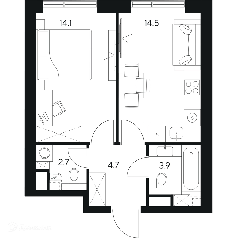 1-комнатная квартира 39.9 м² НЕКСУС от Аквилон