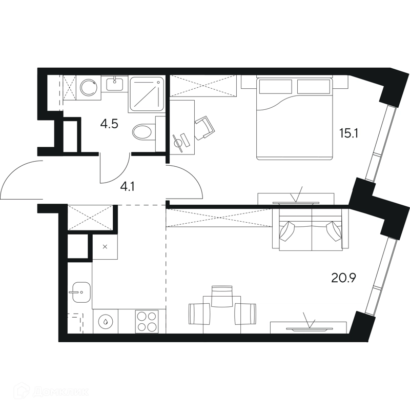 1-комнатная квартира 44.6 м² НЕКСУС от Аквилон