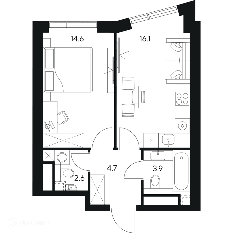 1-комнатная квартира 41.9 м² НЕКСУС от Аквилон