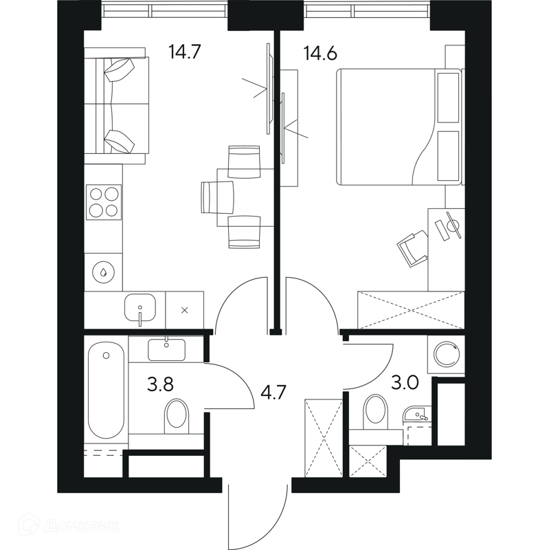 1-комнатная квартира 40.8 м² НЕКСУС от Аквилон