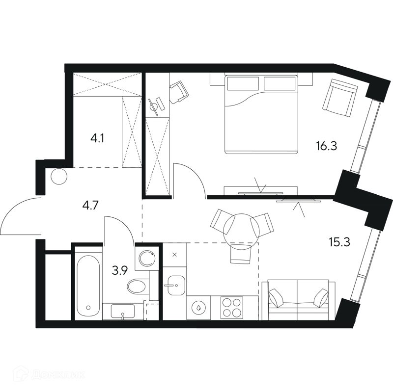 1-комнатная квартира 44.3 м² НЕКСУС от Аквилон