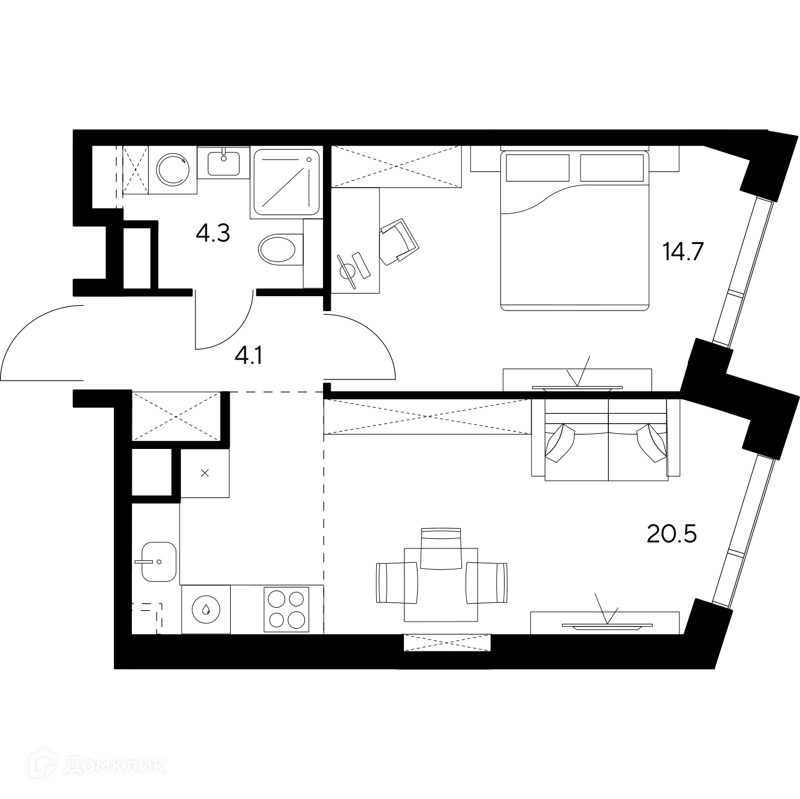 1-комнатная квартира 43.6 м² НЕКСУС от Аквилон