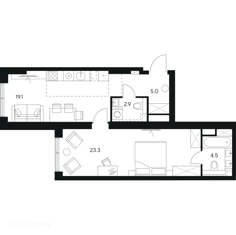 1-комнатная квартира 54.8 м² НЕКСУС от Аквилон