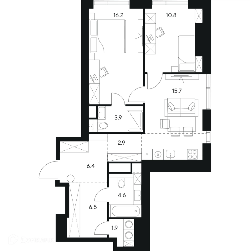 2-комнатная квартира 68.9 м² НЕКСУС от Аквилон