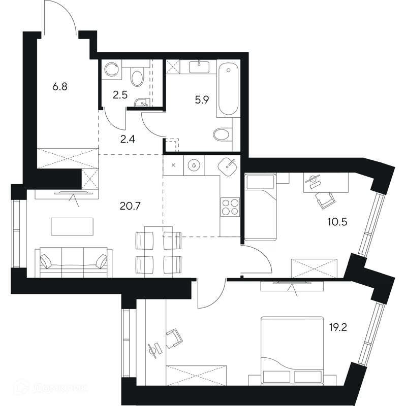 2-комнатная квартира 68 м² НЕКСУС от Аквилон