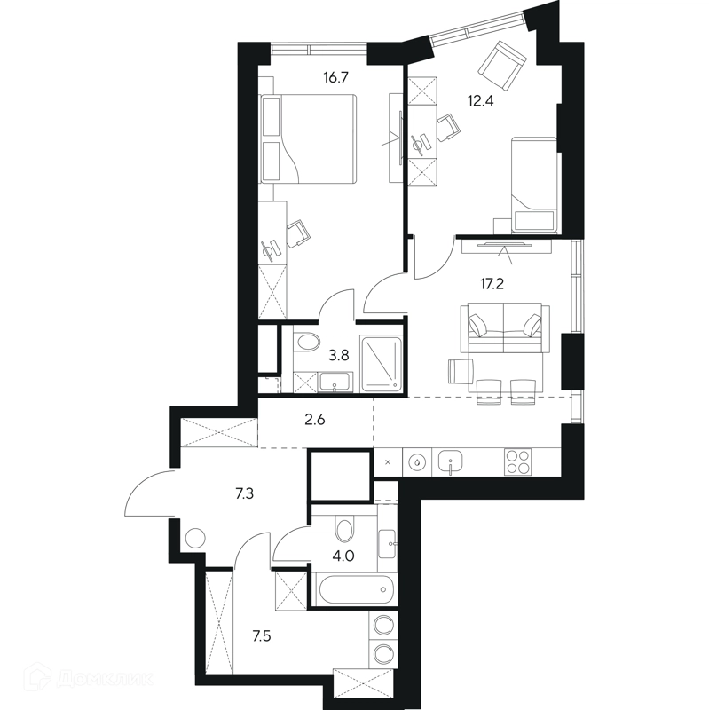 2-комнатная квартира 71.5 м² НЕКСУС от Аквилон