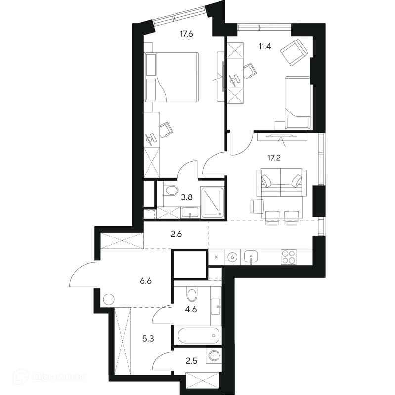 2-комнатная квартира 71.6 м² НЕКСУС от Аквилон