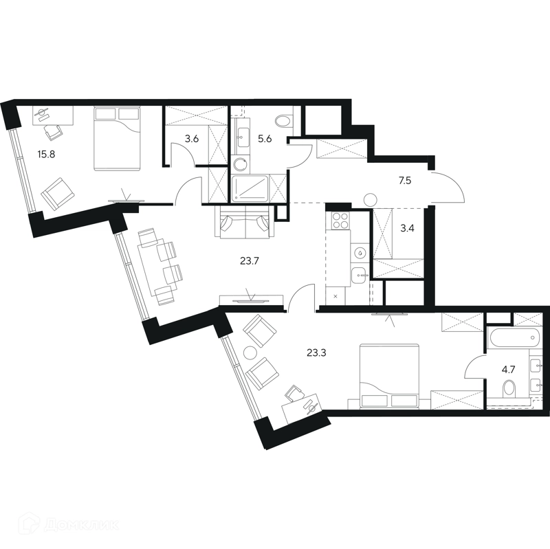 2-комнатная квартира 87.6 м² НЕКСУС от Аквилон
