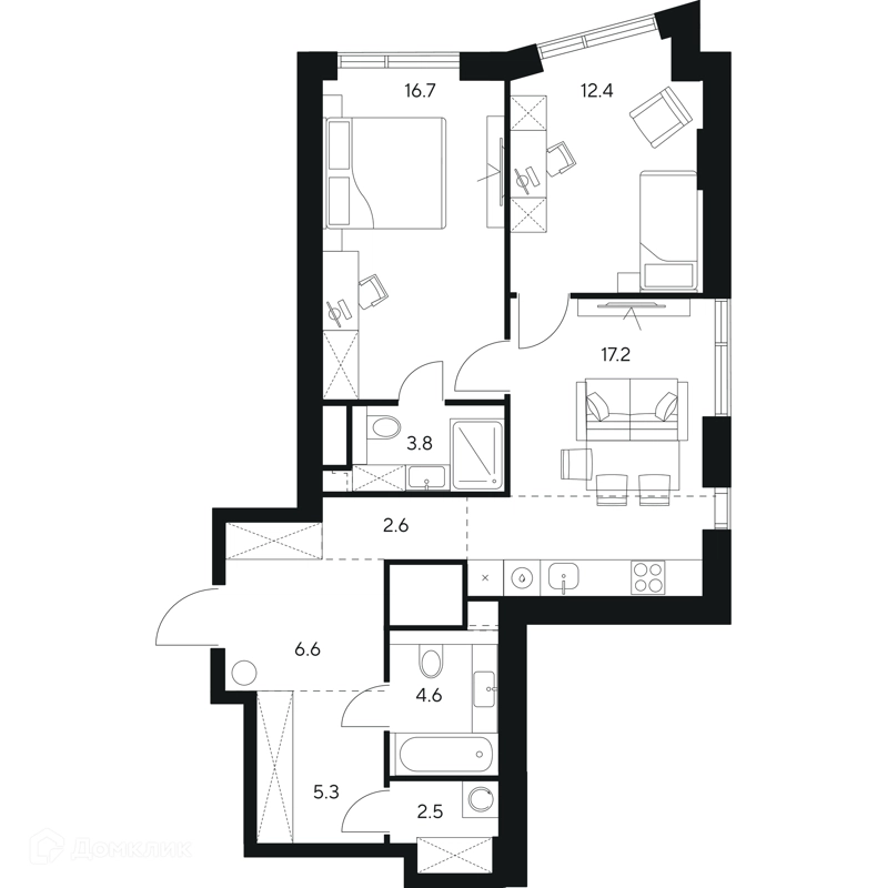 2-комнатная квартира 71.7 м² НЕКСУС от Аквилон