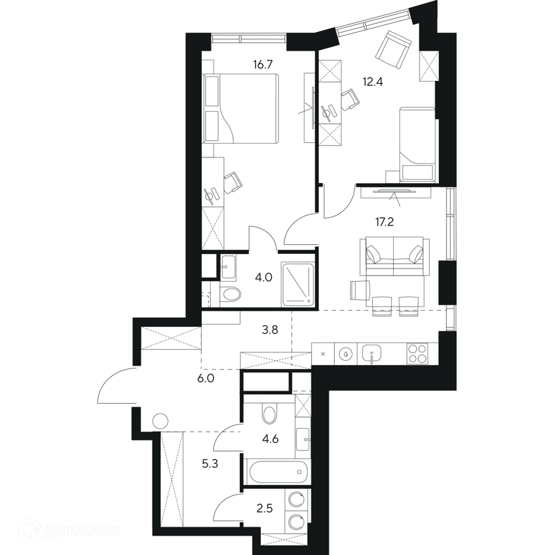 2-комнатная квартира 72.5 м² НЕКСУС от Аквилон