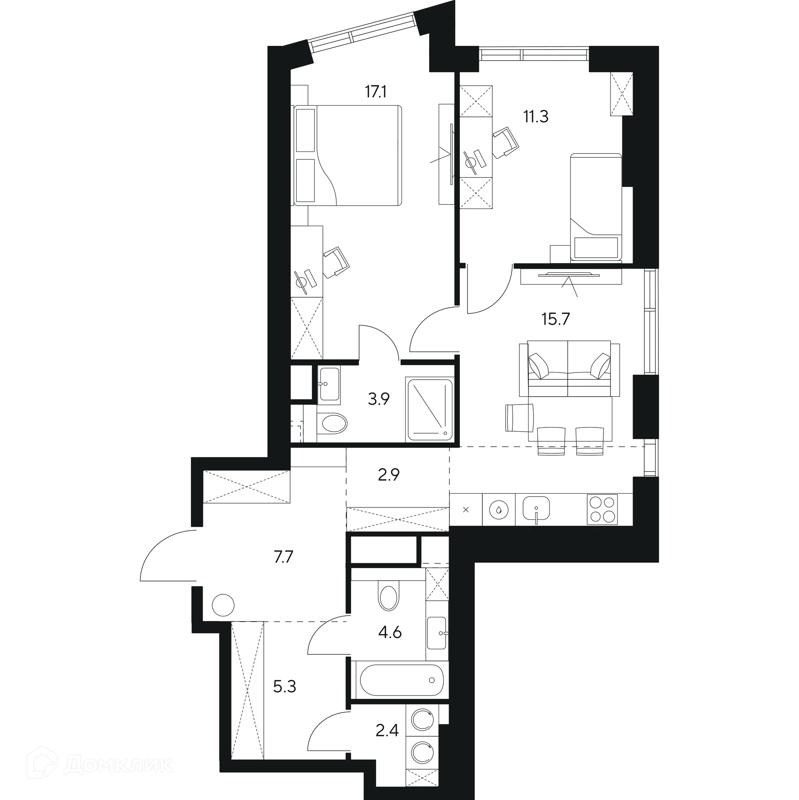 2-комнатная квартира 70.9 м² НЕКСУС от Аквилон