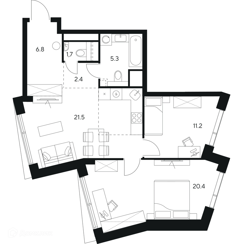 2-комнатная квартира 69.3 м² НЕКСУС от Аквилон