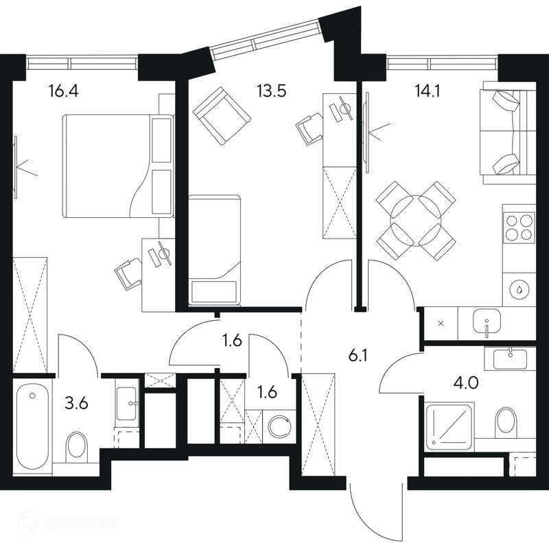 2-комнатная квартира 60.9 м² НЕКСУС от Аквилон