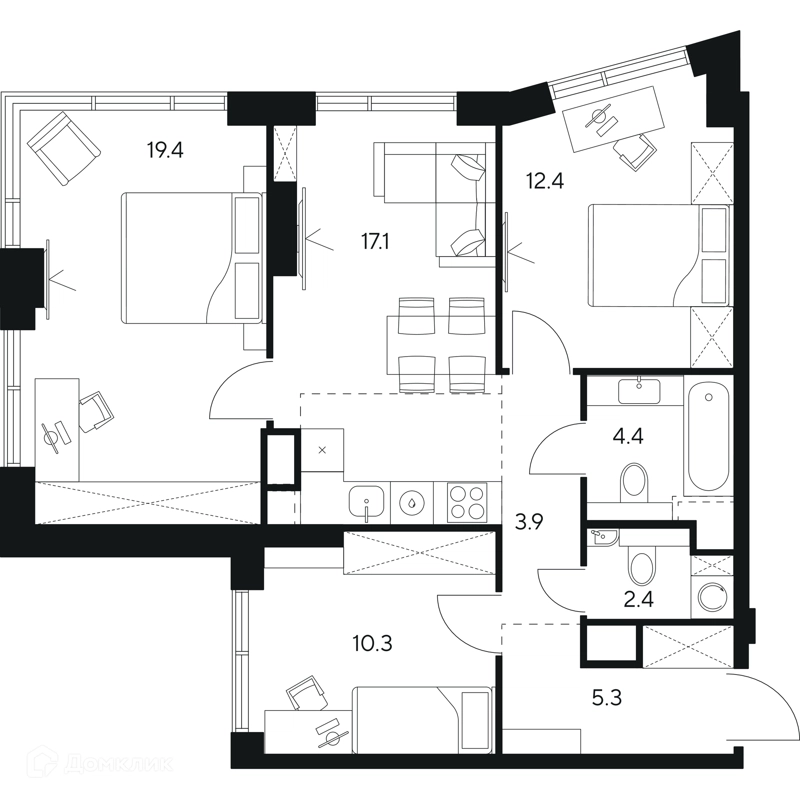 3-комнатная квартира 75.2 м² НЕКСУС от Аквилон
