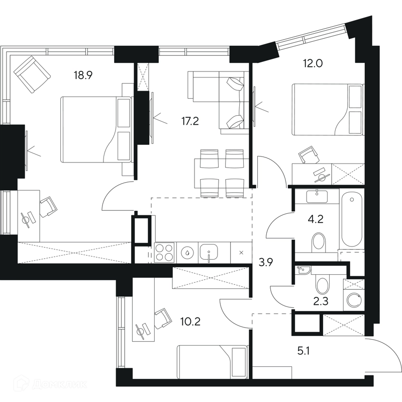 3-комнатная квартира 73.8 м² НЕКСУС от Аквилон