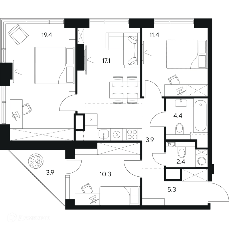 3-комнатная квартира 78.1 м² НЕКСУС от Аквилон
