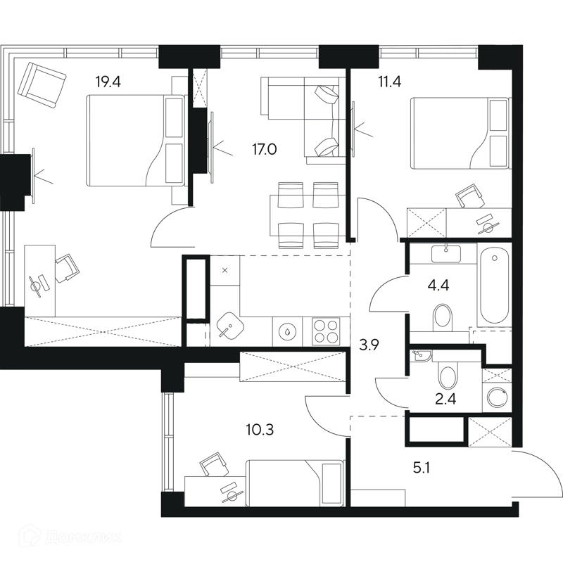 3-комнатная квартира 73.9 м² НЕКСУС от Аквилон