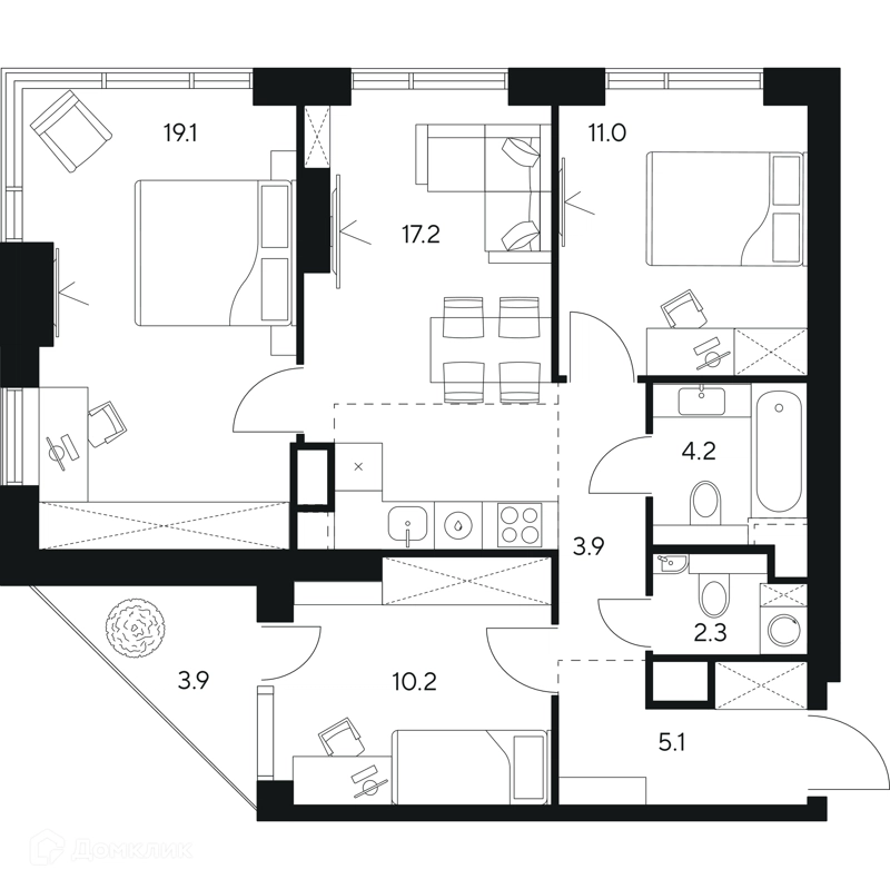 3-комнатная квартира 76.9 м² НЕКСУС от Аквилон